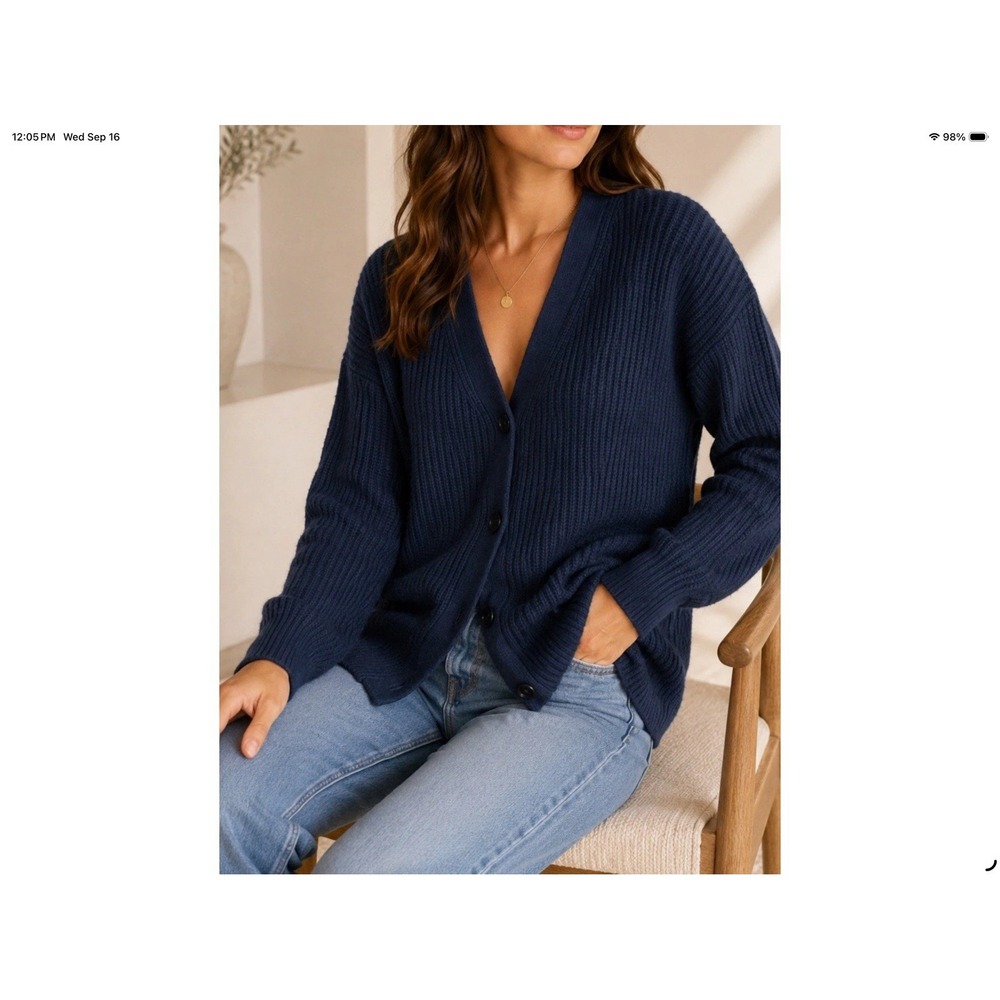 Jenni Kayne 100% Cashmere Navy Ribbed V Neck Button Front Cocoon Cardigan Sz Med